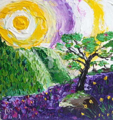 Painting titled "Tree and sunrise" by Plakhotnyk Nataliia, Original Artwork, Acrylic