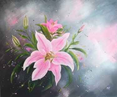 Painting titled "Dew on lilies" by Plakhotnyk Nataliia, Original Artwork, Oil