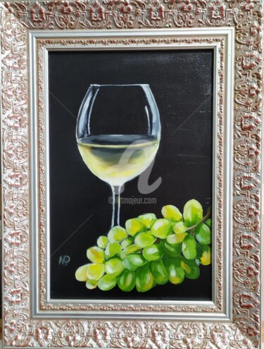Painting titled "Wine and grapes" by Plakhotnyk Nataliia, Original Artwork, Oil
