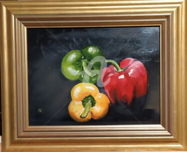 Painting titled "Trio of peppers" by Plakhotnyk Nataliia, Original Artwork, Oil