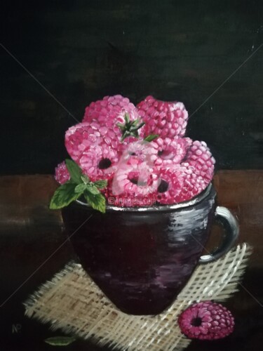 Painting titled "Raspberry, still li…" by Plakhotnyk Nataliia, Original Artwork, Oil