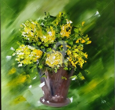Painting titled "Mimosa in a vase, o…" by Plakhotnyk Nataliia, Original Artwork, Oil