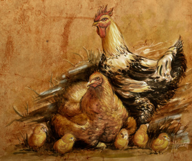 Painting titled "Cocq Toscan à Loro…" by Pascal Lampecco, Original Artwork, Watercolor