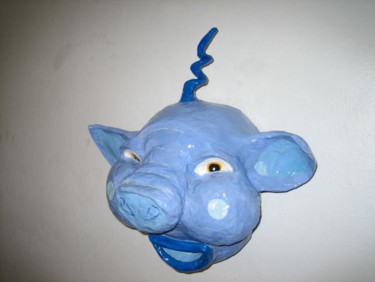 Sculpture titled "tête de cochon bleu" by La Plasticerie, Original Artwork