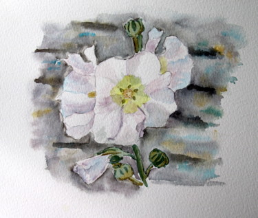 Картина под названием "rose-tremiere-blanc…" - Bernadette Grelier, Подлинное произведение искусства, Акварель