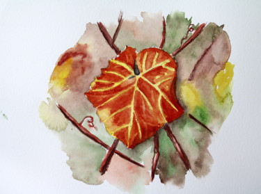 Painting titled "Feuille de vigne" by Bernadette Grelier, Original Artwork, Watercolor