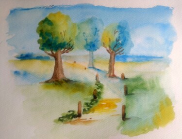 Malerei mit dem Titel "Paysage" von Bernadette Grelier, Original-Kunstwerk, Aquarell