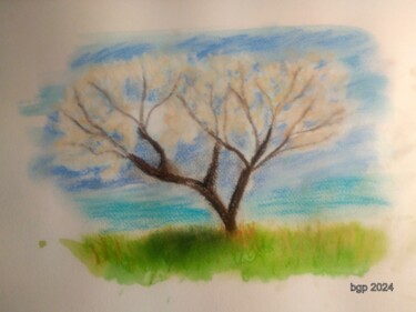 Malerei mit dem Titel "Prunus en fleur" von Bernadette Grelier, Original-Kunstwerk, Pastell