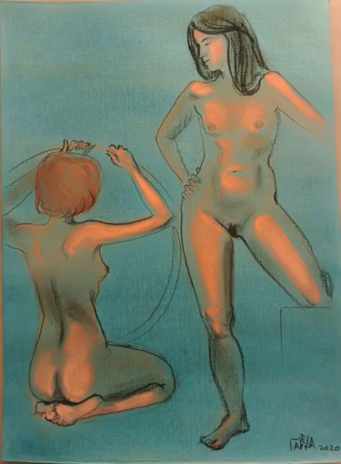 Картина под названием "Обнаженные на синем" - Galya Platonova, Подлинное произведение искусства, Пастель