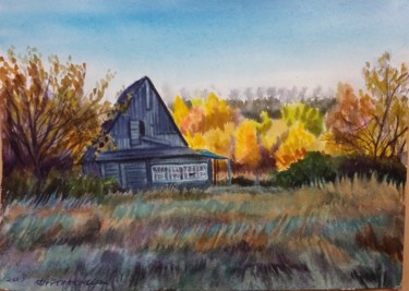 Картина под названием "Осенний домик в пол…" - Galya Platonova, Подлинное произведение искусства, Акварель