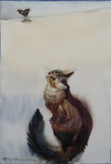 Картина под названием "Охота на мотылька" - Galya Platonova, Подлинное произведение искусства, Акварель
