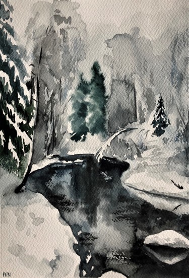 Painting titled "Winter landscape" by Polina Kupriianova, Original Artwork, Watercolor