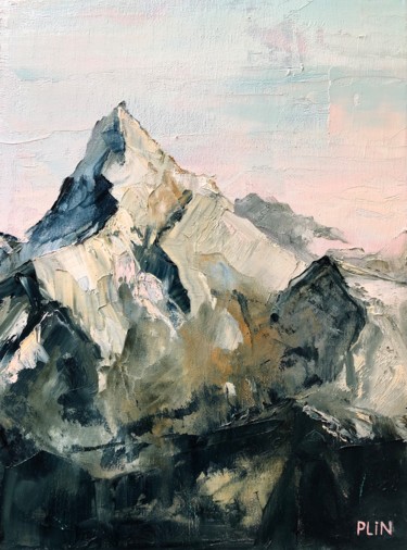 Painting titled "Mountains at sunset" by Polina Kupriianova, Original Artwork, Oil Mounted on Cardboard