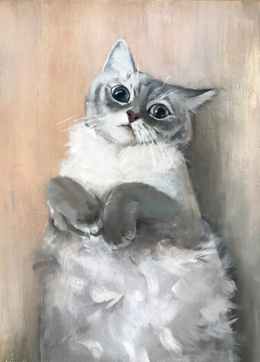Pittura intitolato "Funny cat original…" da Polina Kupriianova, Opera d'arte originale, Olio Montato su Pannello di legno