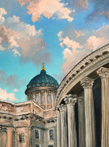 Painting titled "Kazan Cathedral in…" by Polina Kupriianova, Original Artwork, Oil Mounted on Wood Stretcher frame