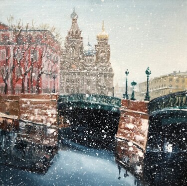 Painting titled "Snowing Saint Peter…" by Polina Kupriianova, Original Artwork, Oil Mounted on Cardboard