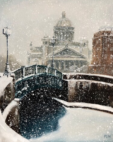 Pintura titulada "Snowing city origin…" por Polina Kupriianova, Obra de arte original, Oleo Montado en Bastidor de camilla d…