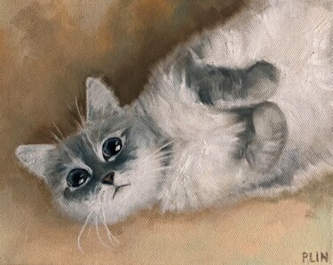 Painting titled "Funny cat resting p…" by Polina Kupriianova, Original Artwork, Oil Mounted on Wood Stretcher frame