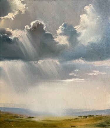 Painting titled "peaceful sky world…" by Polina Kupriianova, Original Artwork, Oil Mounted on Wood Stretcher frame