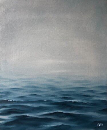 Painting titled "Foggy sea seascape…" by Polina Kupriianova, Original Artwork, Oil Mounted on Wood Stretcher frame