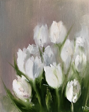 Картина под названием "White Tulips origin…" - Полина Куприянова, Подлинное произведение искусства, Масло Установлен на Дере…