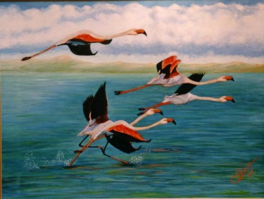 Painting titled "FLAMENCOS EN VUELO" by Pepe, Original Artwork