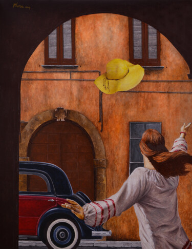 Pintura intitulada "Chapeau jaune" por Plumerand Frédéric, Obras de arte originais, Óleo