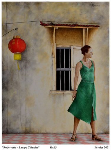 Peinture intitulée "Robe verte - Lampe…" par Plumerand Frédéric, Œuvre d'art originale, Huile