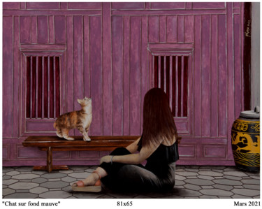Peinture intitulée "Chat sur fond mauve" par Plumerand Frédéric, Œuvre d'art originale, Huile