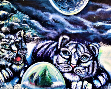 Pintura intitulada "Cute Cat and planet…" por Prosto Nastasya, Obras de arte originais, Óleo Montado em Armação em madeira