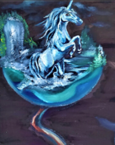 Painting titled "Horse Unicorn Big p…" by Prosto Nastasya, Original Artwork, Oil Mounted on Wood Stretcher frame