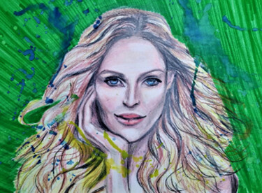 Painting titled "UMA Thurman 100% HA…" by Prosto Nastasya, Original Artwork, Conté