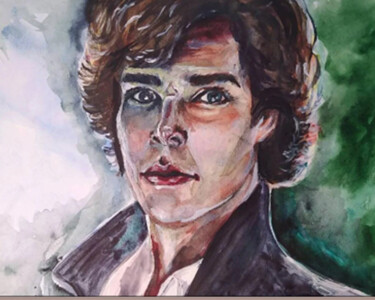 Malerei mit dem Titel "Sherlock Holmes Por…" von Prosto Nastasya, Original-Kunstwerk, Aquarell