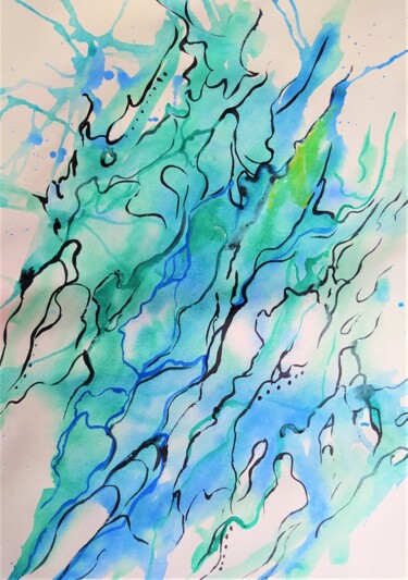 Картина под названием "Abstract emerald Wa…" - Prosto Nastasya, Подлинное произведение искусства, Акварель