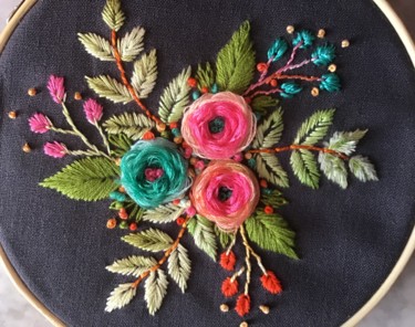 Art textile intitulée "Fleurs et feuillages" par Lisette, Œuvre d'art originale, Broderie Monté sur Autre panneau rigide
