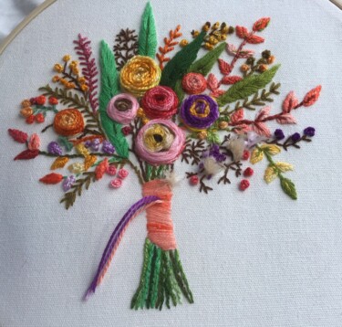 Textile Art titled "Bouquet de fleurs" by Lisette, Original Artwork, Embroidery Mounted on Other rigid panel