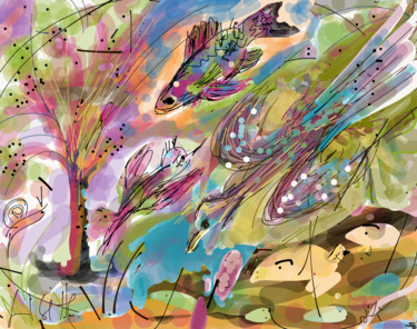 Arts numériques intitulée "Poissons volants" par Lisette, Œuvre d'art originale, Peinture numérique