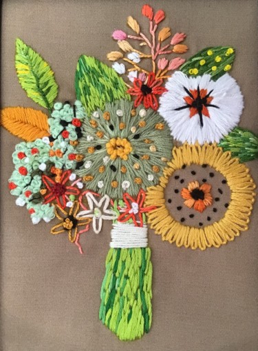 Art textile intitulée "Bouquet rustique" par Lisette, Œuvre d'art originale, Broderie Monté sur Autre panneau rigide