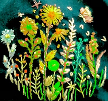 Textielkunst getiteld "Horizon fleuri" door Lisette, Origineel Kunstwerk, Borduurwerk Gemonteerd op Houten paneel