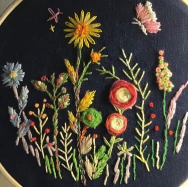Fleurs en farandole Textile Art titled "Fleurs en farandole" by Lisette, Original Art, Embroidery Mounted on Other rigid panel