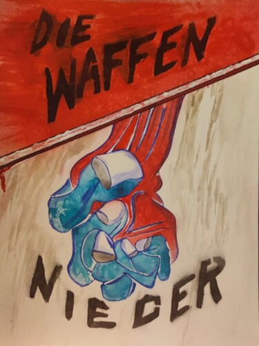 Schilderij getiteld "Die Waffen Nieder" door Poeta Immortalis, Origineel Kunstwerk, Acryl