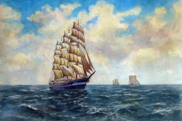 「Bark "Krusenshtern"」というタイトルの絵画 Vasiliy Pohomovによって, オリジナルのアートワーク, 水彩画