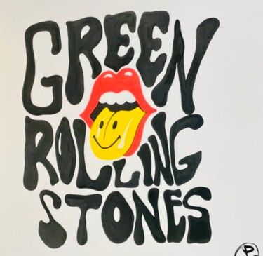 Painting titled "Green Rolling Stone" by Pol Attard, Original Artwork, Acrylic Mounted on Wood Stretcher frame