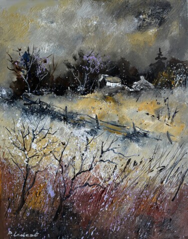 Painting titled "A few remote houses…" by Pol Ledent, Original Artwork, Oil Mounted on Wood Stretcher frame