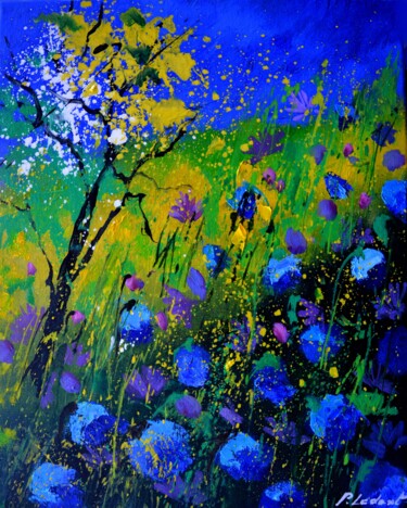 Painting titled "Blue flowers" by Pol Ledent, Original Artwork, Oil Mounted on Wood Stretcher frame