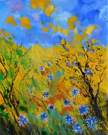 Malerei mit dem Titel "Blue cornflowers" von Pol Ledent, Original-Kunstwerk, Öl Auf Keilrahmen aus Holz montiert