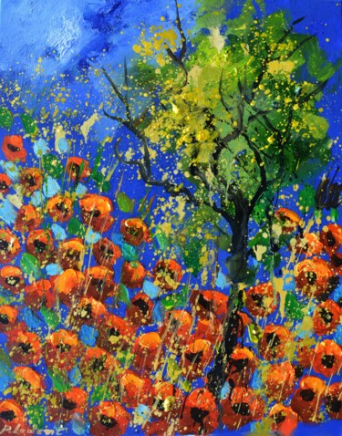 Malerei mit dem Titel "Tree ami red poppies" von Pol Ledent, Original-Kunstwerk, Öl Auf Keilrahmen aus Holz montiert