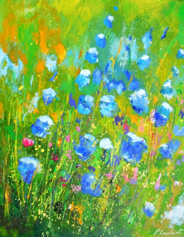 Painting titled "Blue wild flowers" by Pol Ledent, Original Artwork, Oil Mounted on Wood Stretcher frame