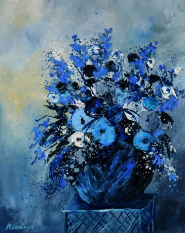 Painting titled "Blue still life 4523" by Pol Ledent, Original Artwork, Oil Mounted on Wood Stretcher frame