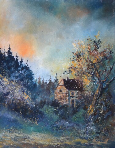 Painting titled "Lonely house" by Pol Ledent, Original Artwork, Oil Mounted on Wood Stretcher frame